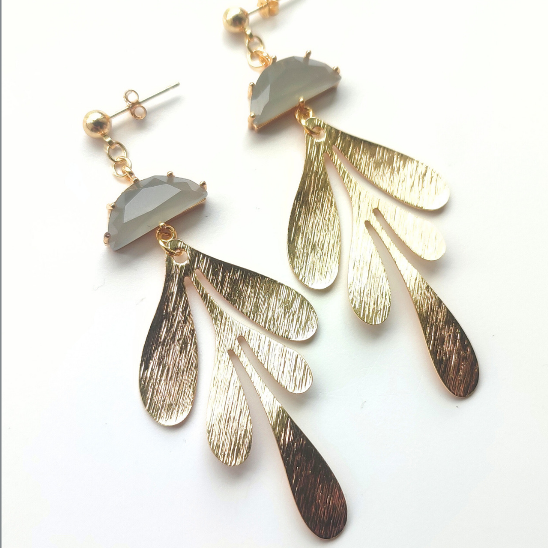 Statement Leaf Earrings with Grey Semi Circle