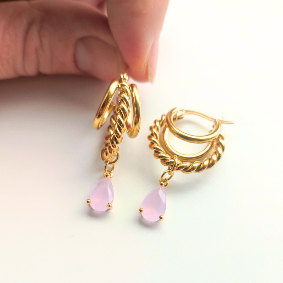 Triple Twisted Hoop Earrings with Pink Stone