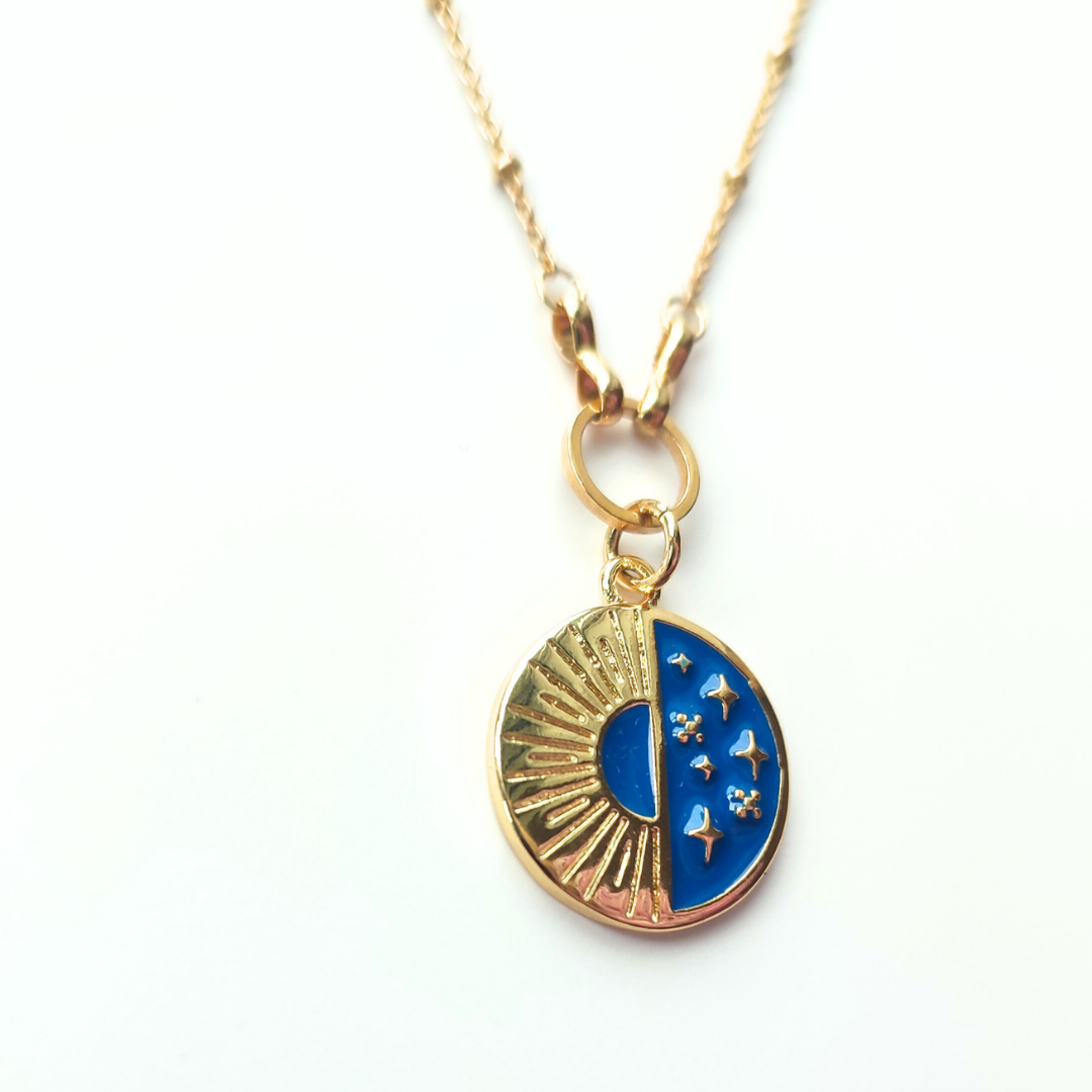 Blue Sun and Stars Pendant Necklace