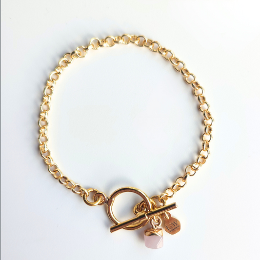 Simplistic Toggle Clasp Rose Quartz Charm Bracelet