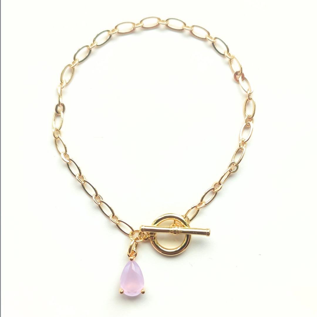 Delicate Paper link Bracelet with Pink Glass Charm