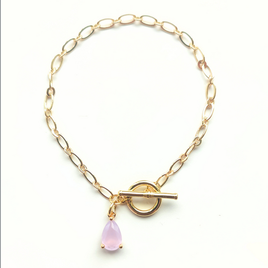 Delicate Paper link Bracelet with Pink Glass Charm