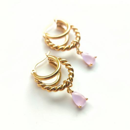 Triple Twisted Hoop Earrings with Pink Stone