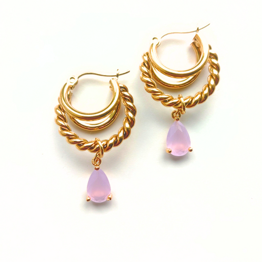 Triple Twisted Hoop Earrings with Pink Stone