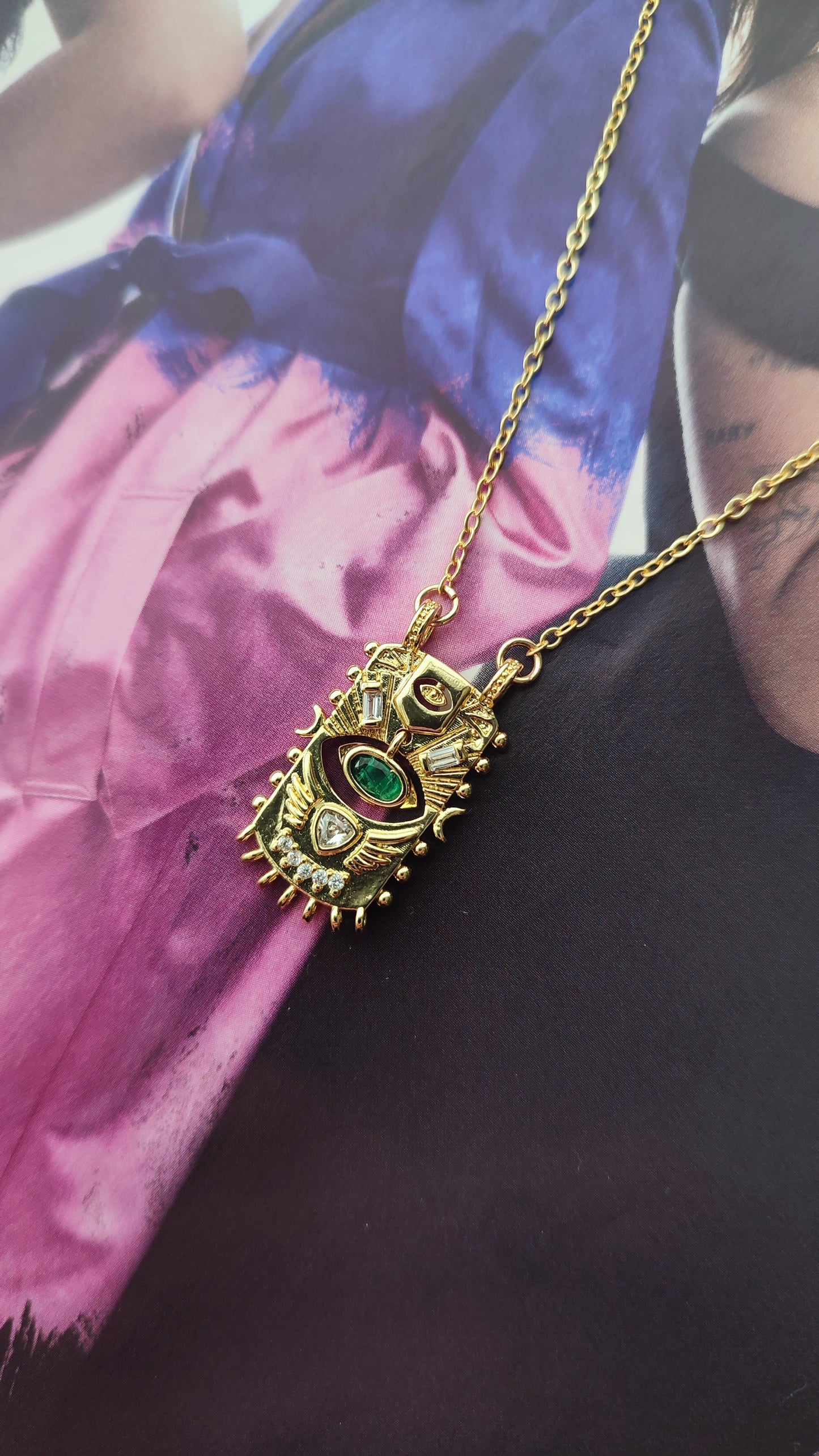 Celestial Evil Eye Pendant with Green Stone