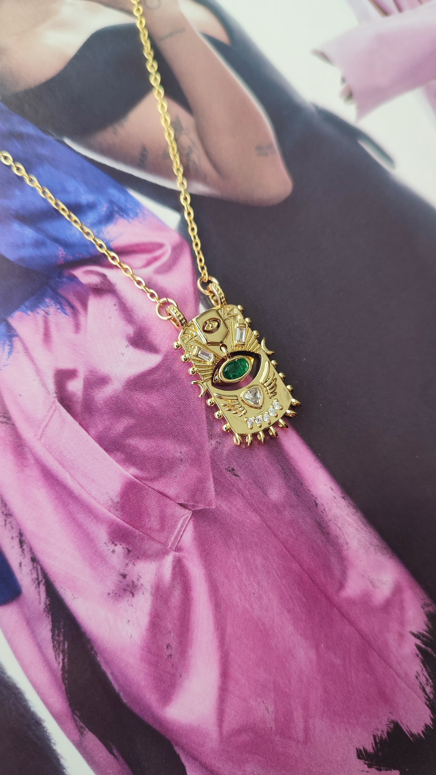 Celestial Evil Eye Pendant with Green Stone