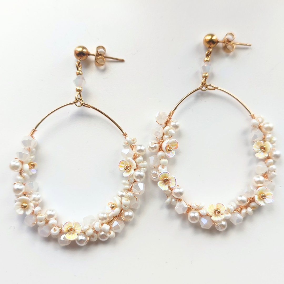 Pearl and Swarovski Floral Hoop Earrings