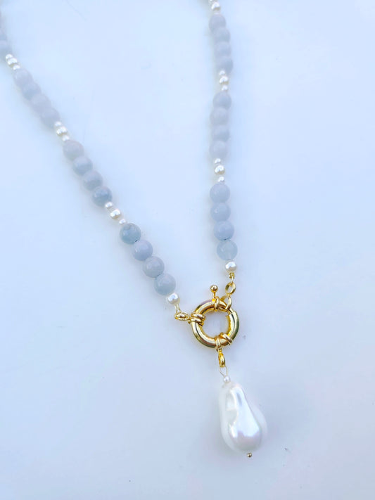 Blue Jade and Pearl Necklace