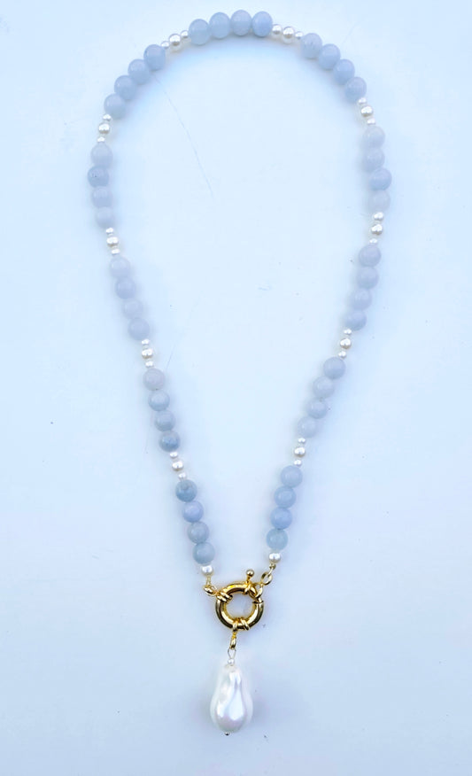 Blue Jade and Pearl Necklace